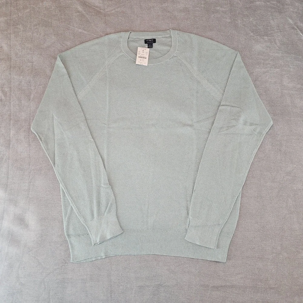 J.Crew Crewneck Sweater Men's Large Green 100% Cotton Textured Raglan L CD617